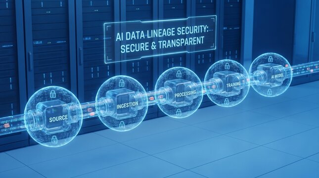 Ai data lineage security representation showing secure transparent data blocks and protective digital locks in a server facility with AI technology data encryption network protection information