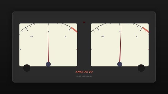 Dual analog VU meter with moving needles measuring audio volume levels.