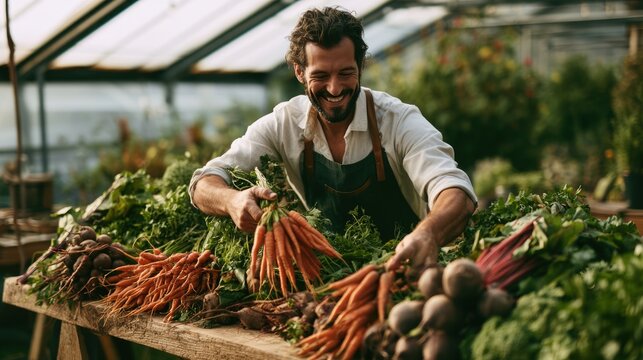 A happy young smart farmer holding a wooden crate full of fresh organic vegetables at a local market, smiling at the camera, sustainable agriculture and smart