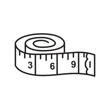 Line art icon showing a rolled flexible tape measure with printed numbered measurement scale.