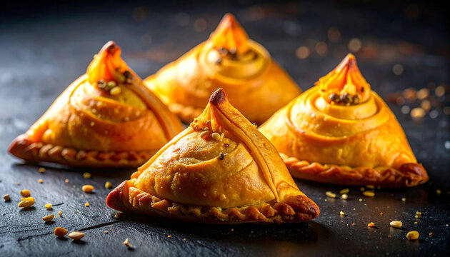 Golden pumpkin samsa with crisp pastry crust in dark food styling