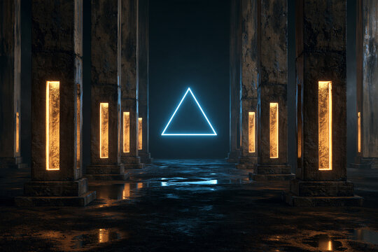 A futuristic dark temple features ancient stone pillars with warm glowing insets and a bright blue neon triangle in the background, casting reflections on a wet floor.