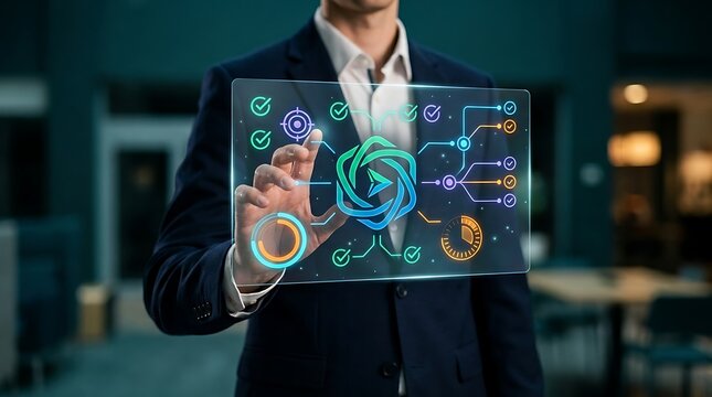 Professional man optimizing business workflow performance using interactive digital task portal.