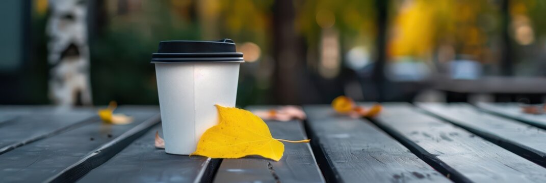 Panoramic autumn coffee cup mockup with fallen yellow leaves on slatted wooden table for banner and wallpaper design. Horizontal banner. Copy space