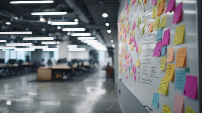 Open office with whiteboard full of sticky notes for team planning and agile workflow background in coworking environment