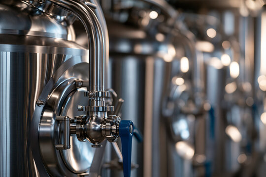 Stainless steel tanks and industrial pipes in a modern brewery or factory.