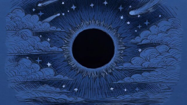 Total Solar Eclipse with Radiant Corona and Meteors in a Cloudy Sky