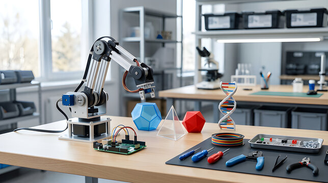 Robotic arm prototype performing precision tasks on a laboratory workbench