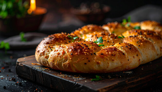 Uzbek non bread with rustic crust and rich texture in dark fine dining presentation