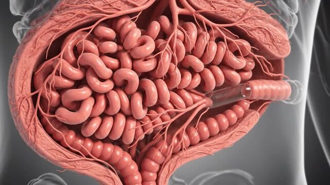 3D medical illustration showing the human small intestine and digestive system anatomy.