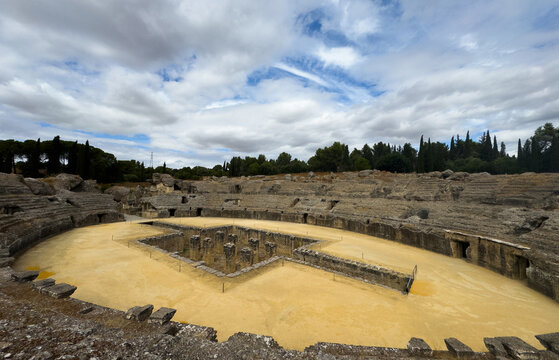 The arena in the amphitheater of Italica, an archaeological site at the outskirts of Seville 