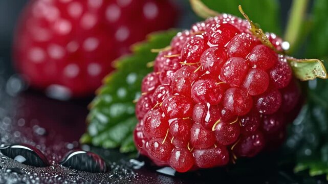 Extreme macro shot of fresh red raspberries covered with sparkling water droplets, gentle movement of the berries and tiny droplets. Ai generated