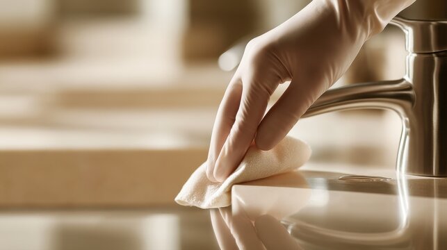 Person wearing glove wiping and sanitizing bathroom sink countertop near faucet with a cloth for hygienic cleaning and maintenance