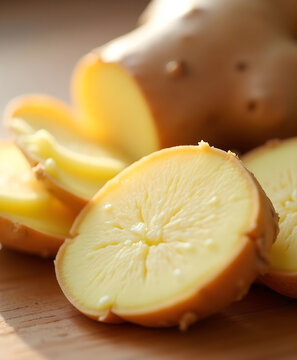 Fresh Potato Slices on Wooden Surface