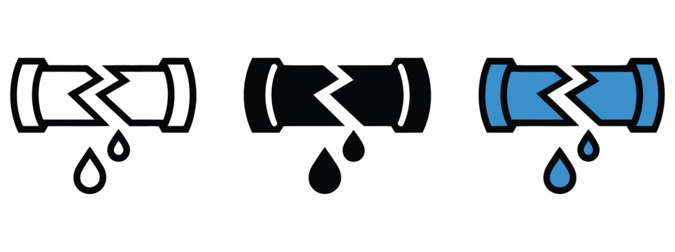 Burst pipe showing water leak drops, damaged plumbing, pipe failure, repair emergency symbol, vector, design