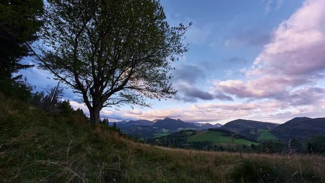 Time Lapse Of Clouds Over Mountain Range Framed By Lone Tree Silhouette