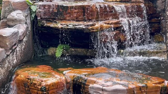 close view of artificial waterfall cascading over layered decorative rocks in hong kong park with splashing water and small fern, concept of landscaping, tourism, recreation