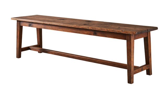 Rustic long wooden bench with natural grain and sturdy farmhouse construction