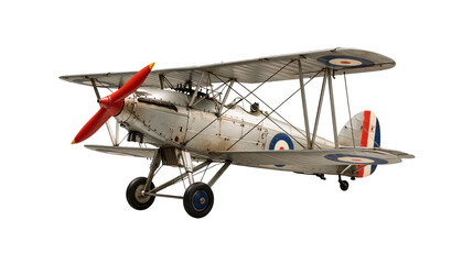 Vintage silver biplane with red propeller and British Royal Air Force markings © Peregrine