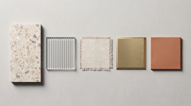 CMF Material Swatch Flat Lay Architectural Design Palette with Terrazzo Fluted Glass Brass Linen and Ceramic for Interior Decorator Moodboard Branding Identity and Construction Concept Banner
