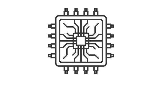 Minimalist integrated circuit chip icon with connection lines