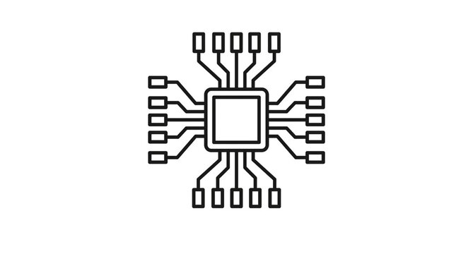 Modern minimalist integrated circuit chip icon with connection pins