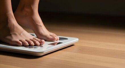 Fototapeta premium Close up bare feet standing on digital bathroom scale for weight measurement and health tracking.