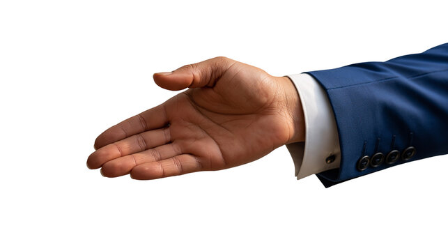 Open palm of a businessman in a blue suit jacket reaching forward