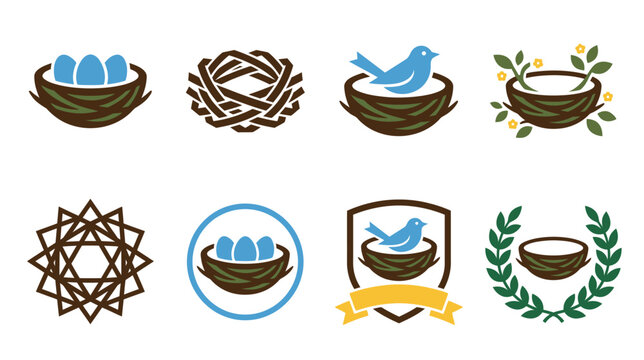 Collection of bird nest logo vector illustrations featuring blue eggs, branches, crests, and emblems