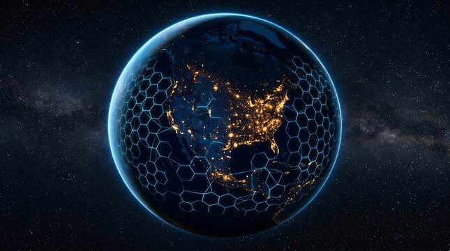 Digital earth globe with glowing network connection nodes and hex grid