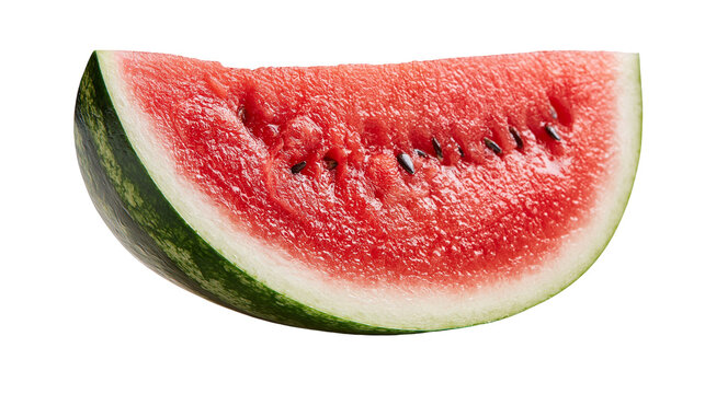 Fresh juicy triangular slice of ripe watermelon with black seeds and green rind
