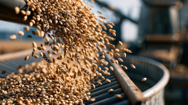 Grain harvest pouring into processing facility for food production
