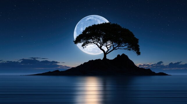 Serene night landscape with a large glowing full moon illuminating a solitary tree on a small island reflected in calm tranquil waters under a starry sky