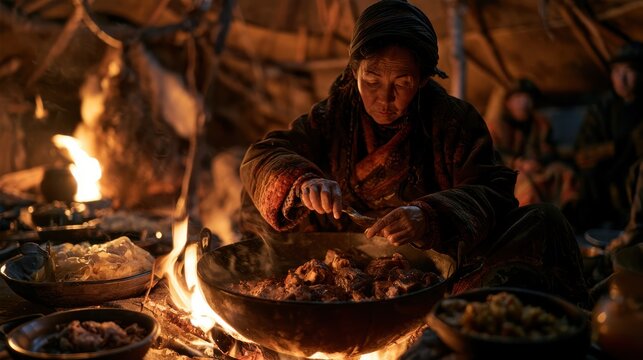 A nomadic feast under the stars, firelight illuminating a large astau filled with meat and noodles