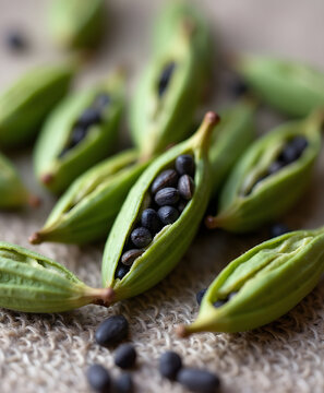 Cardamom pods and black seeds on linen background