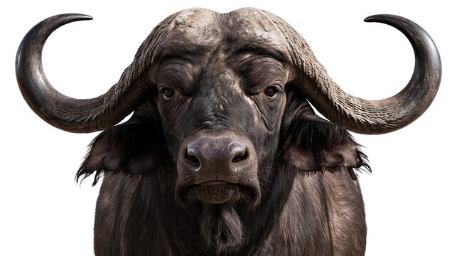 Close up portrait of an African buffalo with large curved horns