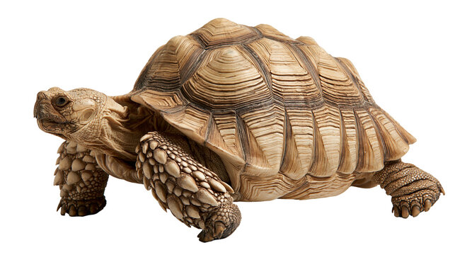 Large African spurred tortoise with textured brown shell and scaly legs