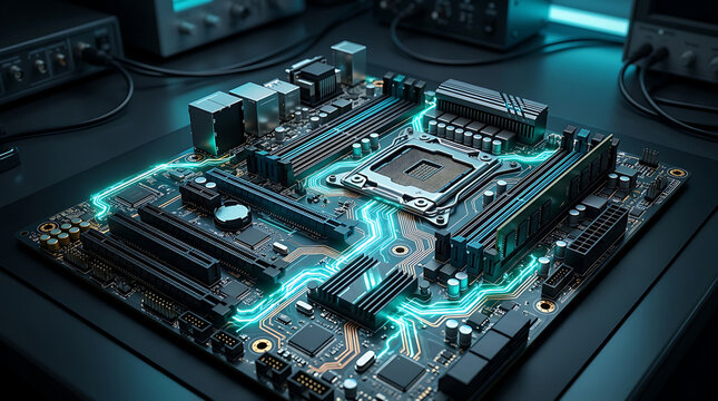 High-tech computer motherboard featuring glowing blue electronic circuit paths, detailed CPU socket, RAM slots, and capacitors on a dark desk with laboratory testing equipment background.