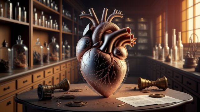 Surreal Mechanical Human Heart Connected to Industrial Pipes, Futuristic Cardiovascular Concept