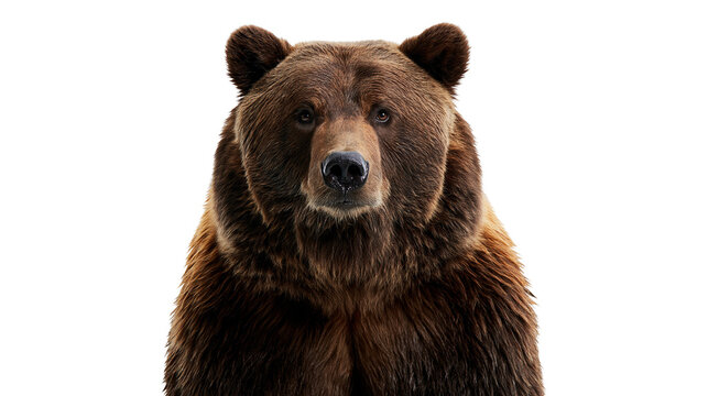 Large brown grizzly bear portrait with thick fur and intense gaze