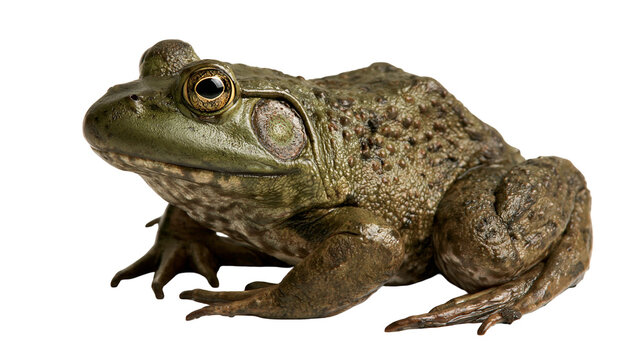 Large green bullfrog with textured skin and golden eyes sitting in profile