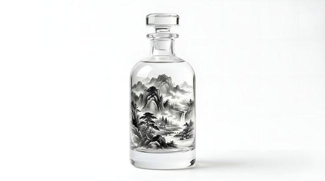 Fantastic sumi-e ink mountain landscape inside a clear glass bottle on white background