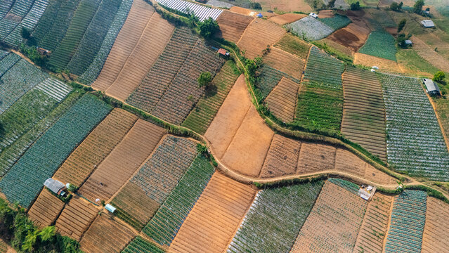 Aerial view of terraced agricultural fields with various crops, soil patterns, and small rural structures in the countryside of Sukabumi, West Java, Indonesia.