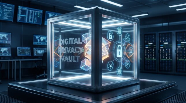 Digital privacy vault holographic cube inside high tech security room with data security server room control room cyber security data center data protection secure vault information security