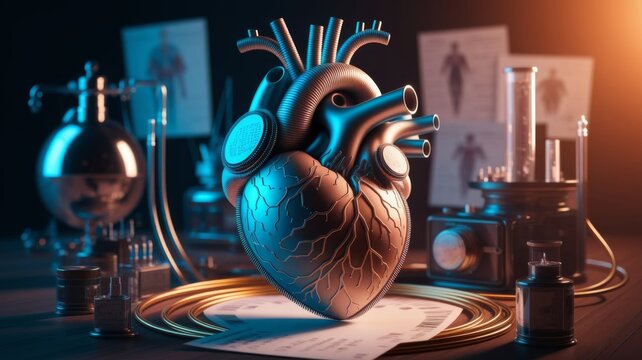 Surreal Mechanical Human Heart Connected to Industrial Pipes, Futuristic Cardiovascular Concept