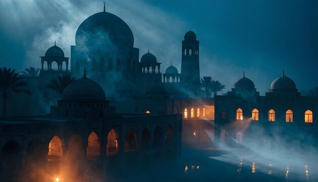 Traditional Islamic architecture mosque at night with mystic fog. Middle Eastern cultural heritage and travel destinations. Historic ancient mosque building glowing under mystical moonlight