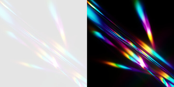 Rainbow prism light leak overlay on transparent and black background. Optical lens flare and spectral caustic reflection effect