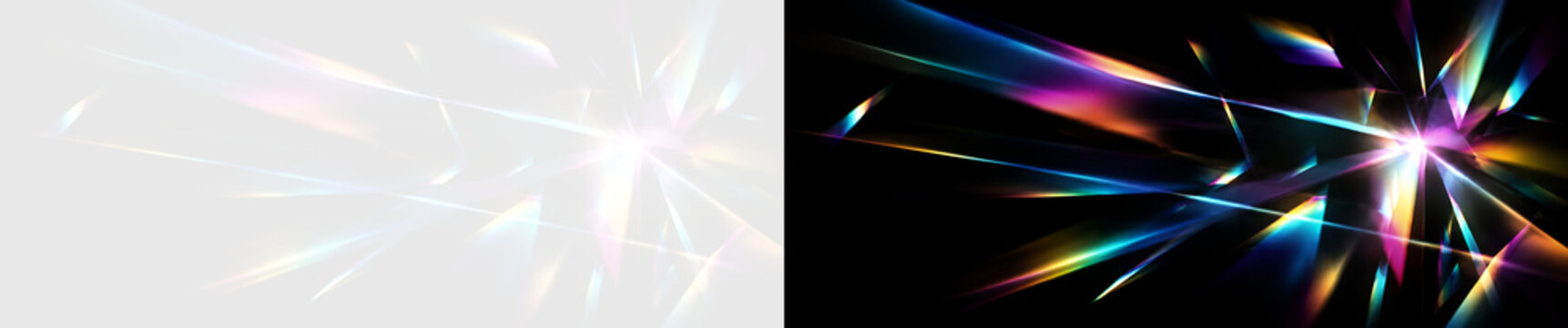Crystal prism light refraction flare overlay. Rainbow optical dispersion and caustic glass reflection effect on transparent and black background