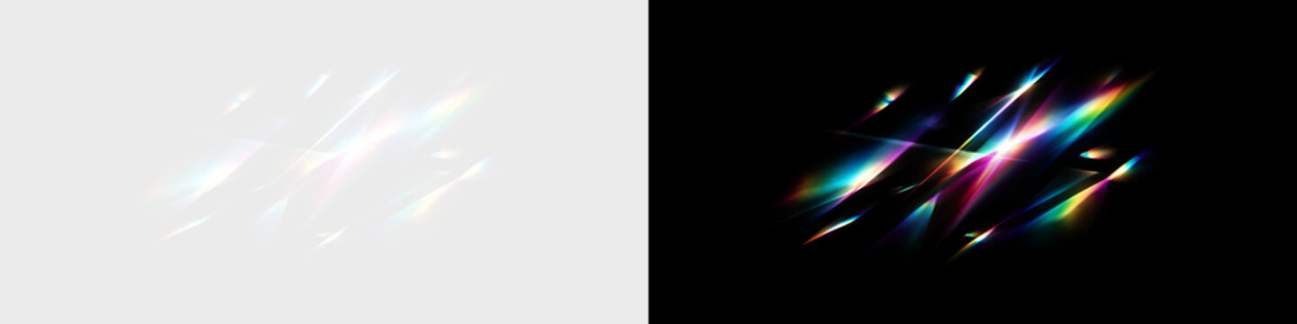 Prism light leak and rainbow lens flare overlay. Crystal refraction and optical glass reflection effect on transparent background