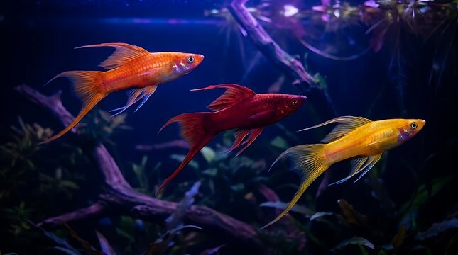 Three colorful swordtail fish in dark aquarium.